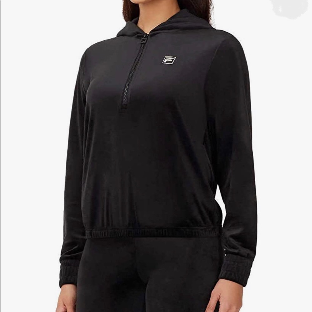 Fila Black soft velvet/Velour pullover quarter zip long sleeve hoodie